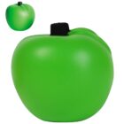 A bright green apple-shaped stress ball with a black stem is shown. A smaller, angled view of the same stress ball is displayed in the top left corner.