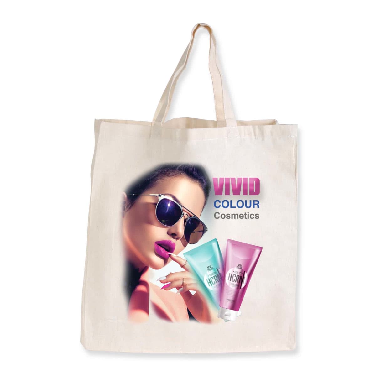 A canvas tote bag with a woman in sunglasses, bold "Vivid Colour Cosmetics," and two cosmetic tubes.