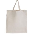 A plain beige canvas tote bag with two handles, upright against a white background.