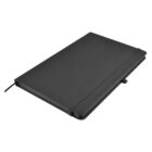 A closed black hardcover notebook with rounded corners, an elastic strap, and a ribbon bookmark. The notebook is lying flat on a white background, showcasing its sleek and minimalist design.