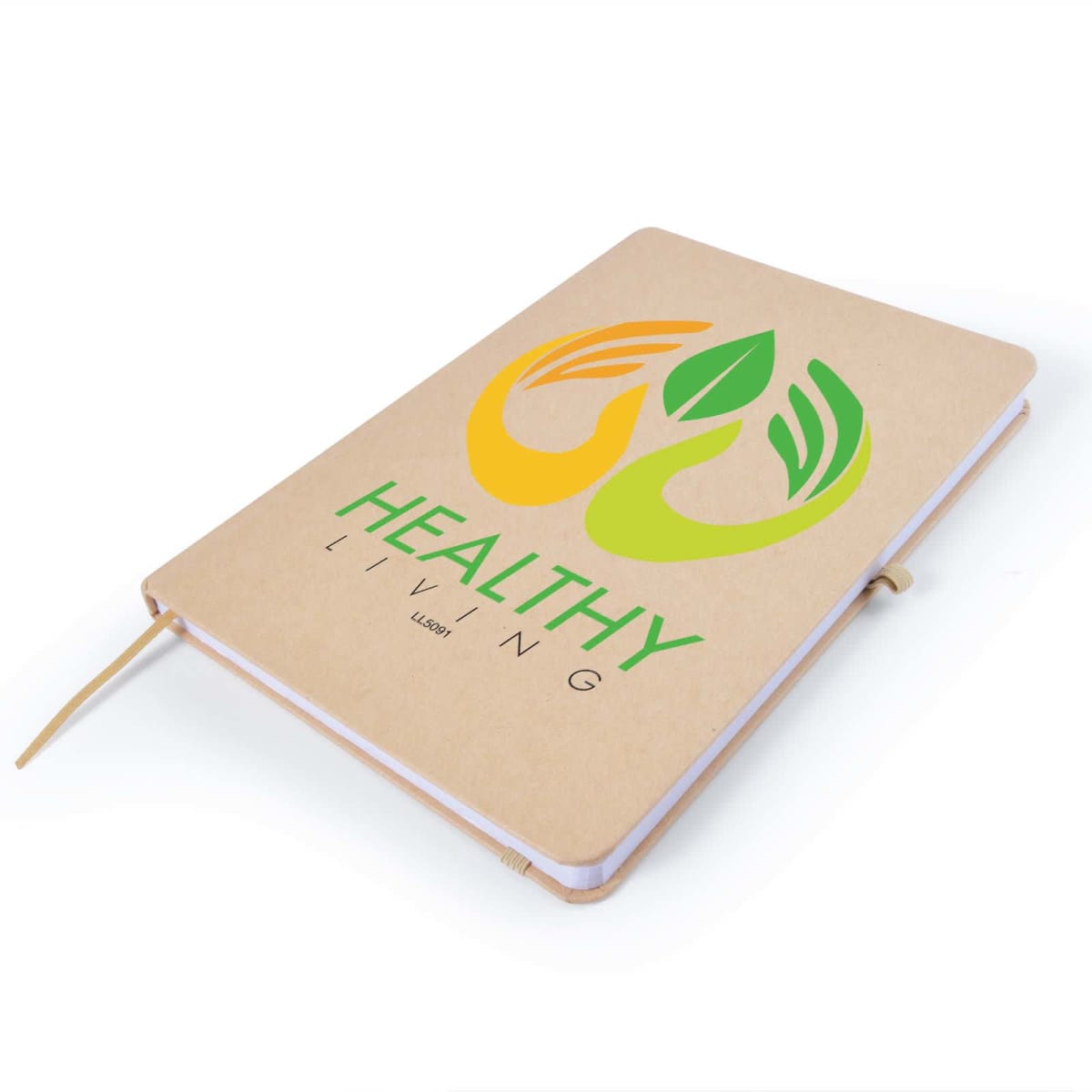 A closed notebook with a brown cover featuring a green and yellow logo of stylized hands and leaves. The text Healthy Living is printed below the logo. A beige ribbon is attached to the notebook.