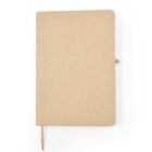 A closed, plain beige notebook with rounded corners is shown. It has an elastic band on the right side and a ribbon bookmark extending from the bottom. The background is plain white.