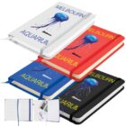 Four notebooks, each with a jellyfish design and Melbourne Aquarium on the cover. The covers are white, red, blue, and black. The image includes an open view showing lined pages and a pocket inside the back cover.