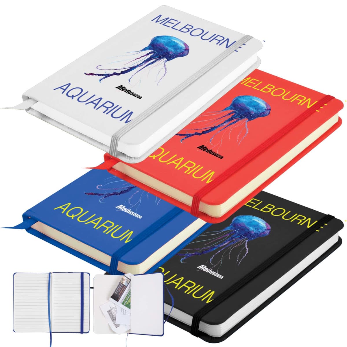 Four notebooks, each with a jellyfish design and Melbourne Aquarium on the cover. The covers are white, red, blue, and black. The image includes an open view showing lined pages and a pocket inside the back cover.