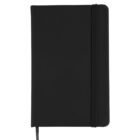 A black notebook with an elastic band closure on the right side. The cover is plain with no visible markings or design. A black fabric bookmark is slightly visible at the bottom edge.