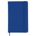 A blue notebook with a matching elastic band and ribbon bookmark, placed against a white background. The notebook cover is plain with no visible text or designs.