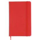 A closed red notebook with a matching elastic band and a ribbon bookmark is centered against a white background. The cover is smooth and plain, with rounded corners, giving a minimalist appearance.