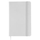 A plain white notebook with a smooth cover, closed and held together by an elastic band. It has rounded corners and a matching ribbon bookmark extending from the bottom. The notebook is positioned vertically against a white background.