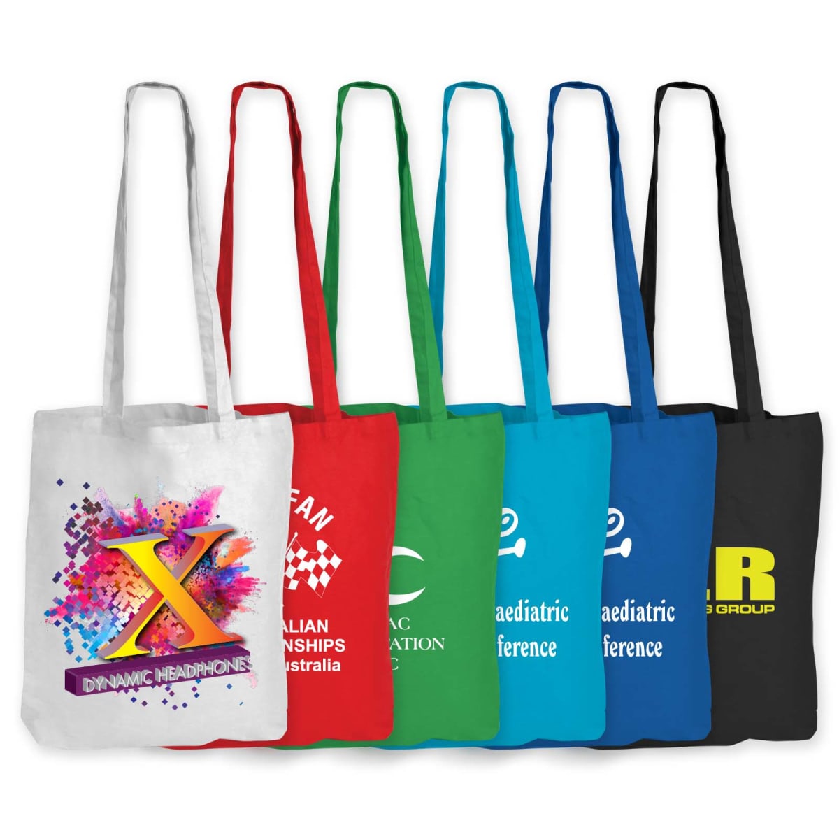 Six colorful tote bags with logos and text, including a white one with a Dynamic Headphones design, and others in red, blue, green, teal, and black with various logos. The bags have long black or colored handles.