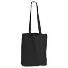 A black tote bag with long straps, displayed against a white background. The bag is simple and unadorned, highlighting its plain design and spacious interior.