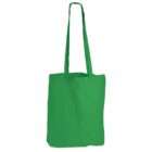 A plain green tote bag with long handles, shown against a white background.