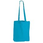 A bright blue canvas tote bag with long handles against a plain white background.
