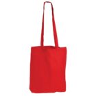 A bright red tote bag with long handles, designed for carrying items. The bag has a simple, unadorned appearance with a solid color and no visible logos or patterns.