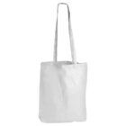 A plain white canvas tote bag with long handles, positioned vertically against a white background.