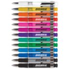 A collection of twelve colorful ballpoint pens arranged vertically. Each pen has a grip and cap in different colors, including white, orange, yellow, pink, red, purple, blue, cyan, green, gray, silver, and black. The branding reads Dynamic.