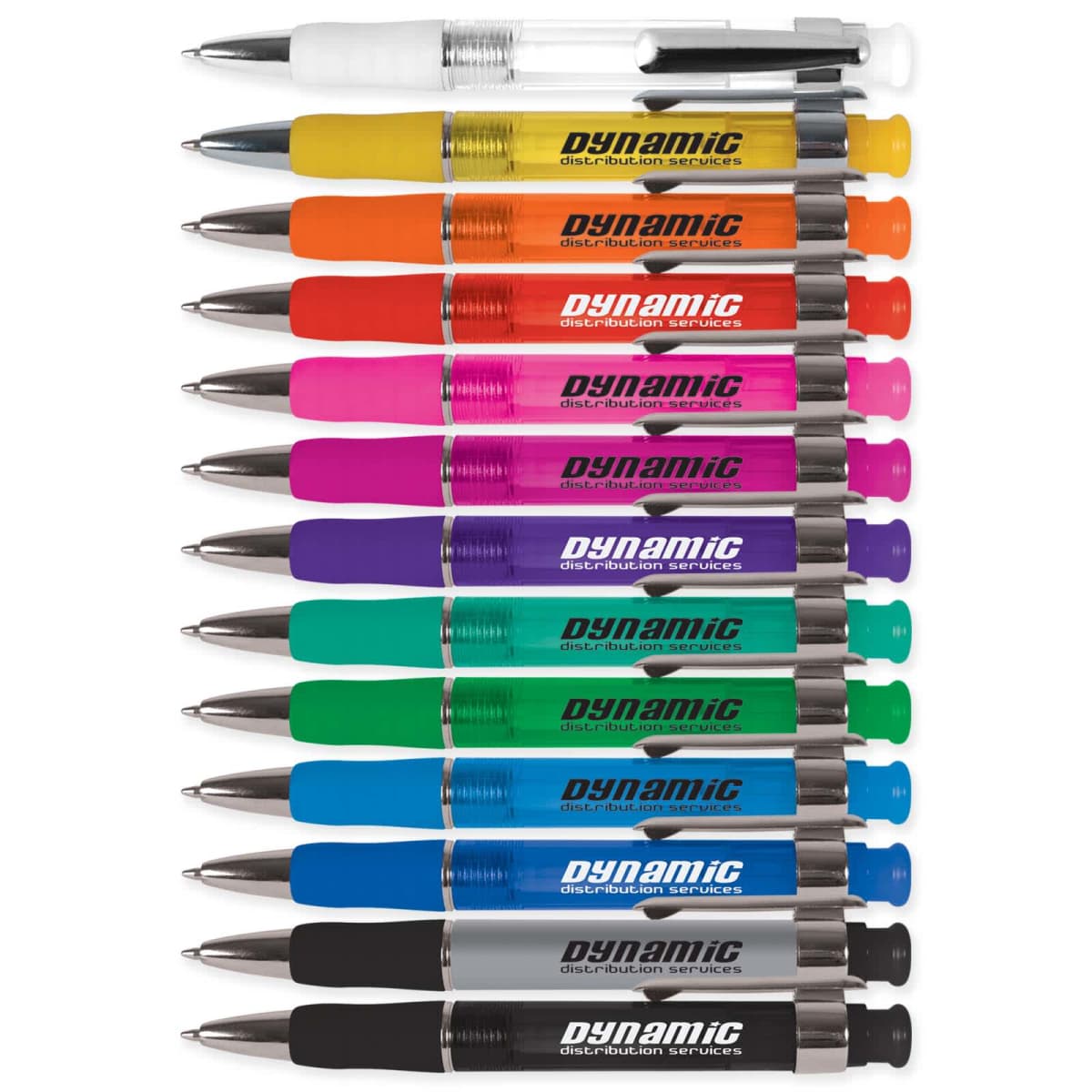 A collection of twelve colorful ballpoint pens arranged vertically. Each pen has a grip and cap in different colors, including white, orange, yellow, pink, red, purple, blue, cyan, green, gray, silver, and black. The branding reads Dynamic.
