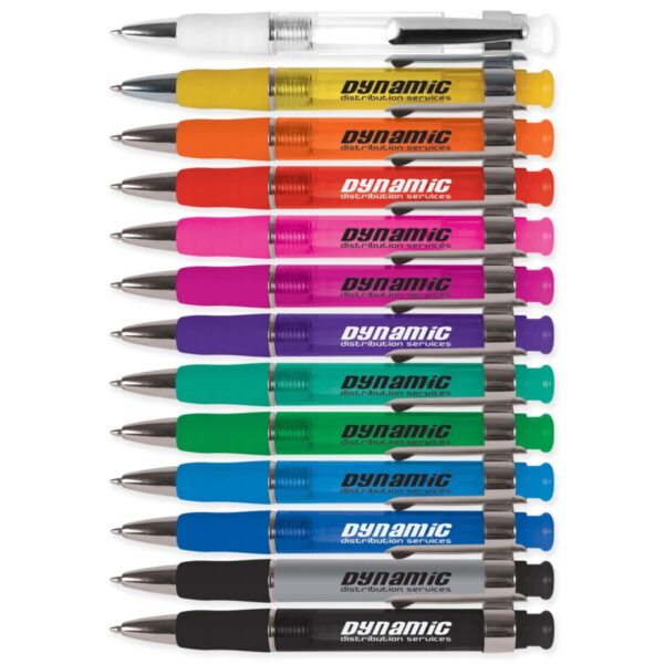 A collection of twelve ballpoint pens in various colors, including white, orange, yellow, pink, red, purple, blue, green, teal, gray, dark gray, and black. Each pen is labeled Dynamic.