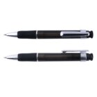 Two black retractable ballpoint pens with silver clips and tips are shown. One pen is in a closed position, while the other is extended for use. The design features black grips near the tips.