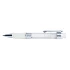 A clear plastic mechanical pencil with a white grip and a silver clip, featuring a small push button at the top. The internal mechanism and lead are visible through the transparent body.