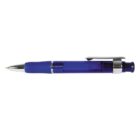 A blue retractable ballpoint pen with a silver clip, photographed on a white background.