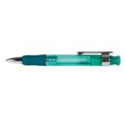 A retractable ballpoint pen with a teal plastic barrel, a silver metal tip, and a matching teal grip. The pen has a metal clip and a click-button at the end. The barrel is translucent, revealing the ink chamber inside.
