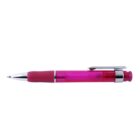 A pink retractable ballpoint pen with a transparent casing and a silver clip. The grip is rubberized for comfort, and the pen tip is extended, ready for writing.