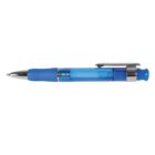 A blue and silver mechanical pen with a transparent body and metal clip. The pen is positioned horizontally against a white background.