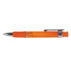 A retractable ballpoint pen with an orange barrel, silver tip, and clip.