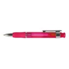 A pink retractable ballpoint pen with a transparent barrel and a silver clip, lying horizontally against a white background.