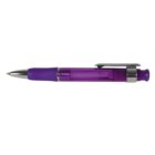 A purple retractable ballpoint pen with a silver clip and tip. The pen has a transparent body, revealing the internal mechanism. It is shown against a plain white background.