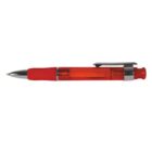 Red retractable ballpoint pen with a silver tip and clip, featuring a translucent barrel and red rubber grip, shown against a plain white background.