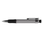 A silver and black ballpoint pen with a metallic clip is placed horizontally against a white background. The pen features a rubber grip near the tip and a push-button mechanism at the top.