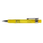 A yellow retractable ballpoint pen with a transparent barrel, silver tip, and a yellow rubber grip. The pen has a metal clip on the side and a yellow click button on the top.