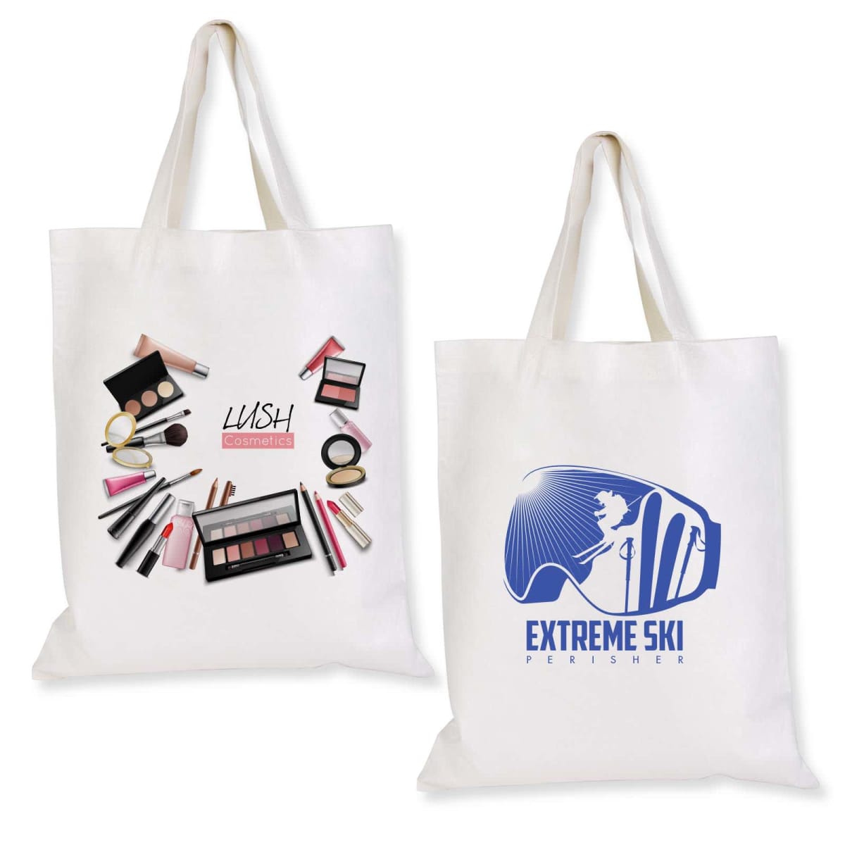 Two white tote bags: the first bag features cosmetics, brushes, and the text Lush Cosmetics; the second bag displays a ski-themed design with Extreme Ski Perisher and a silhouette of a person skiing.