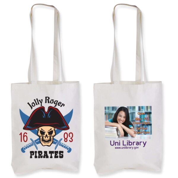 Two tote bags. Left: Features a Jolly Roger Pirates design with a skull and crossed swords. Right: Displays a photo of a smiling person, text Open Mon - Fri 10am-10pm, Sat-Sun 10am-2pm, and Uni Library www.unilibrary.gov.