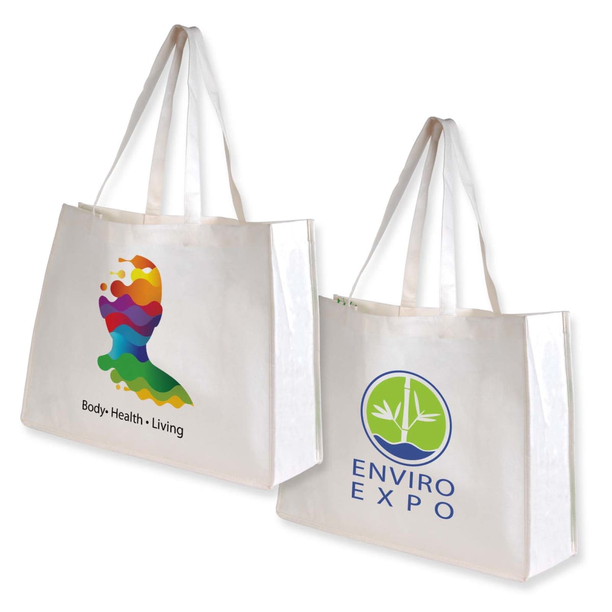Two white tote bags are displayed. The left bag features a colorful silhouette and the text Body • Health • Living. The right bag shows a green and blue logo with leaves and water, and is labeled ENVIRO EXPO. Both have white handles.