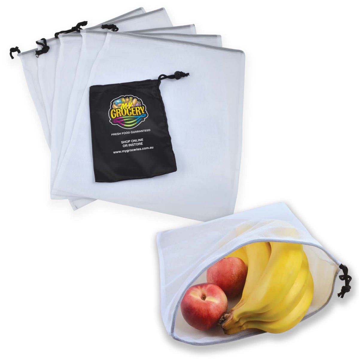 Five mesh produce bags next to a black drawstring pouch labeled Grocery. One bag is filled with bananas and apples.