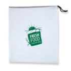 A white drawstring bag features a green logo with the words Fresh Food from the Farm. The logo includes an illustration of the sun rising behind a leafy plant.
