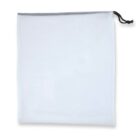 A white mesh laundry bag with a black drawstring closure at the top. The bag is laid flat against a white background.