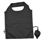 Black reusable shopping bag with a handle, shown folded and with a small drawstring pouch beside it, set against a white background.