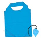 A blue reusable shopping bag is shown unfolded with a handle at the top. A matching drawstring pouch is placed beside it on the right. The pouch is compact and tied with a black string.
