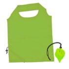 A bright green reusable shopping bag with a cut-out handle is shown alongside a matching small drawstring pouch. The bag is neatly folded, suggesting easy storage in the pouch.