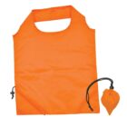 Bright orange reusable shopping tote bag with a circular handle, laid flat. Next to it is a small matching pouch with a drawstring, designed to store the bag when folded.