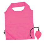 A bright pink reusable fabric shopping bag with a wide handle. Next to it is a compact pink pouch with a black drawstring, designed for storing the bag when not in use.