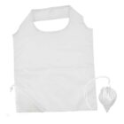 White reusable shopping bag with an integrated handle, shown next to a small, matching drawstring pouch for storage. The bag is folded neatly beside the pouch, highlighting its compact and portable design.