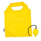 Yellow reusable grocery bag with a handle, shown alongside a small matching pouch with a drawstring. The bag is folded neatly, showcasing its portable design.