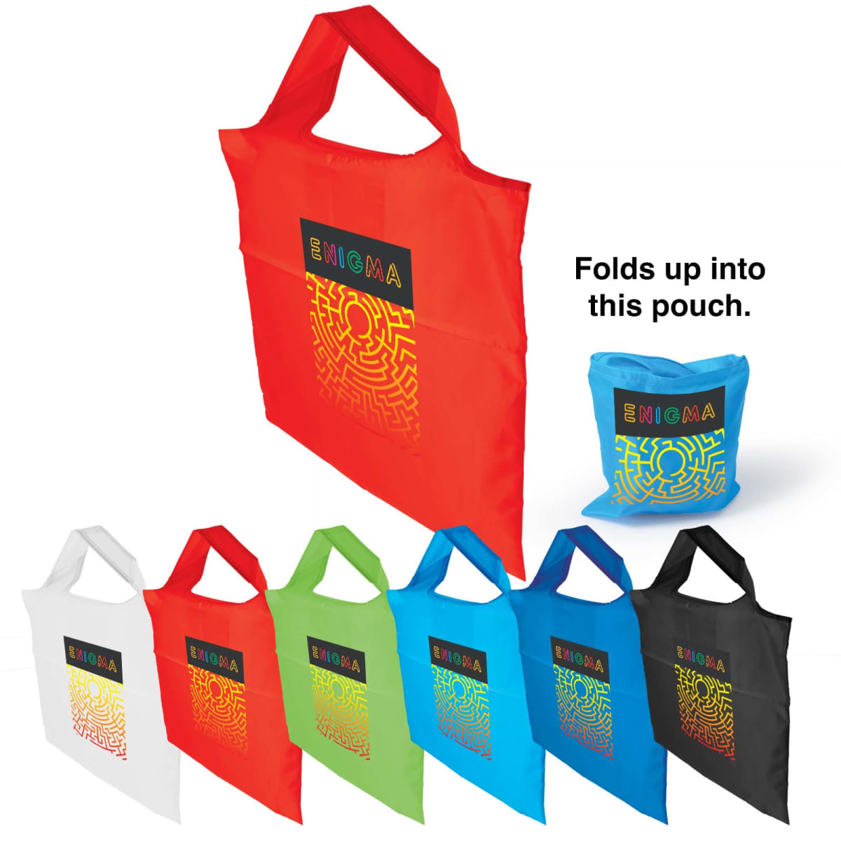 A variety of foldable tote bags in red, orange, white, lime green, blue, teal, and black, displayed with a folded pouch. Each bag features a maze design and the word ENIGMA on the front. A small folded bag is shown with the text Folds up into this pouch.