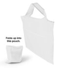 A white foldable bag with handles is shown next to its compact carrying pouch. Text reads Folds up into this pouch, indicating how the larger bag can be neatly stored in the smaller pouch for convenience.