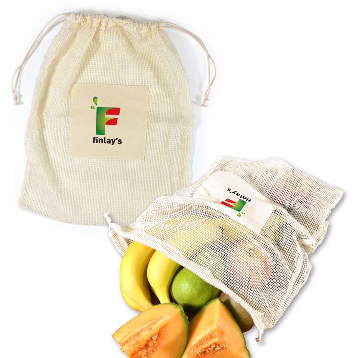 Two mesh drawstring bags, one closed and one open. The open bag is filled with fruits including bananas, pears, and melon slices. Both bags have a logo with the letter F and the word finlays printed on them.