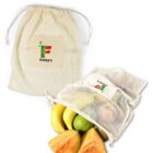 Two reusable mesh produce bags with drawstrings hold various fruits, including bananas, a green apple, and a slice of cantaloupe. The top bags have a logo with a green and red letter F and the text finlay’s.